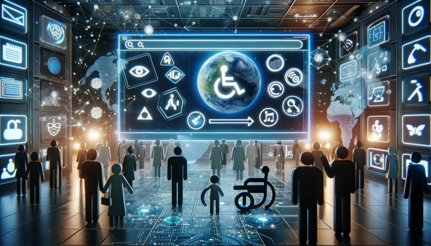 Obraz przedstawia futurystyczne środowisko cyfrowe, ilustrujące temat audytów dostępności cyfrowej. Na obrazie widoczny jest duży, świecący ekran, na którym wyświetlana jest strona internetowa z różnymi ikonami dostępności, takimi jak wózek inwalidzki, aparat słuchowy i symbol oka. Wokół ekranu grupa różnorodnych osób, w tym osoby z niepełnosprawnościami, angażuje się w korzystanie z różnych urządzeń cyfrowych. Miejsce to jest nowoczesną, nastawioną na technologię przestrzenią z tłem przedstawiającym połączone ze sobą cyfrowe węzły i linie, symbolizujące sieć dostępności i inkluzji. Ogólna atmosfera jest postępowo-myśląca i inkluzywna, podkreślając znaczenie cyfrowej dostępności we współczesnym świecie.