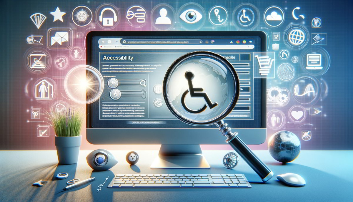 Obraz przedstawiający monitor na którym widać dostępną stronę internetową, przed monitorem jest lupa wskazująca na ikonę wózka inwalidzkiego