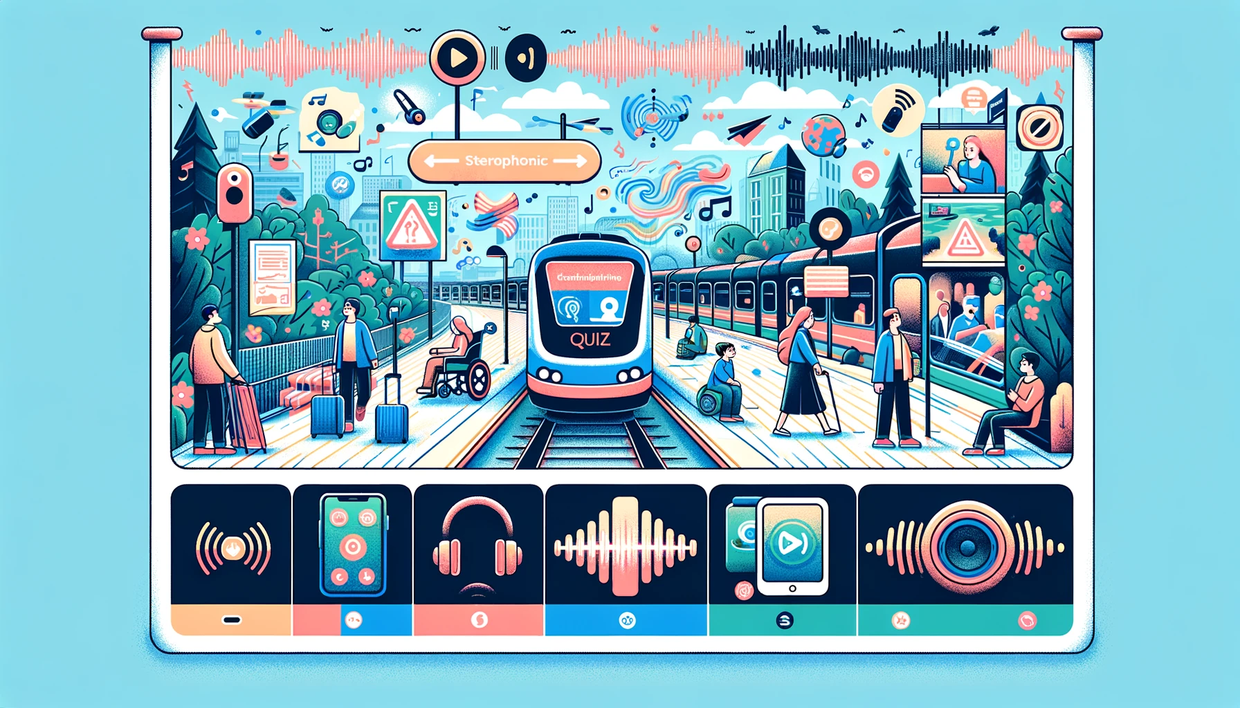 Na tej poziomej ilustracji przedstawiono kluczowe funkcje aplikacji EchoVis Quiz. Po lewej stronie znajduje się osoba stojąca na peronie dworca kolejowego, otoczona falami dźwiękowymi, które wizualnie reprezentują echolokację i naukę słuchową. W centrum ilustracji ukazano zatłoczoną scenę uliczną z dodatkowymi falami dźwiękowymi, podkreślającą koncentrację aplikacji na nawigacji w ruchliwych środowiskach. Po prawej stronie widoczne jest spokojne otoczenie lasu, również z falami dźwiękowymi, wskazujące na wszechstronność aplikacji w różnych środowiskach. Logo "EchoVis Quiz" jest wyraźnie umieszczone na górze, na środku banera. Poniżej logo znajdują się ikony symbolizujące różne grupy wiekowe i zdolności, co podkreśla uniwersalność dostępności aplikacji. Dodatkowo, na ilustracji umieszczono obrazy stereofonicznych słuchawek i parę głośników, symbolizujących skupienie na aspekcie audio aplikacji. Całość jest kolorowa i atrakcyjna, pasująca do produktu z dziedziny technologii edukacyjnej.