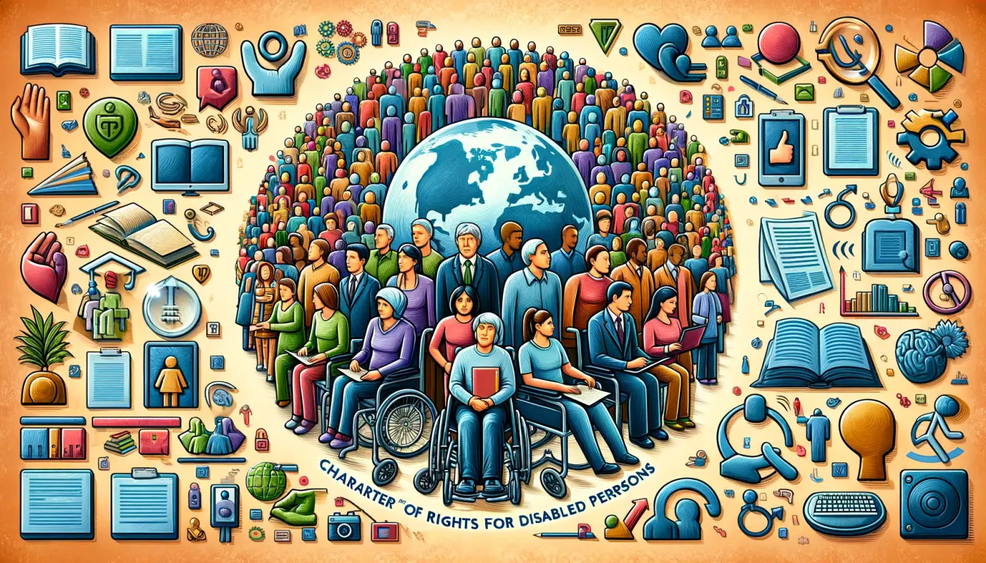 Obraz wyróżniający, oparty na tematyce Karty Praw Osób Niepełnosprawnych, został wygenerowany. Ilustracja ta symbolizuje prawa osób niepełnosprawnych, ukazując różnorodność i równość, a także podkreślając kluczowe obszary ich życia, takie jak edukacja, zatrudnienie, uczestnictwo społeczne i dostępność.