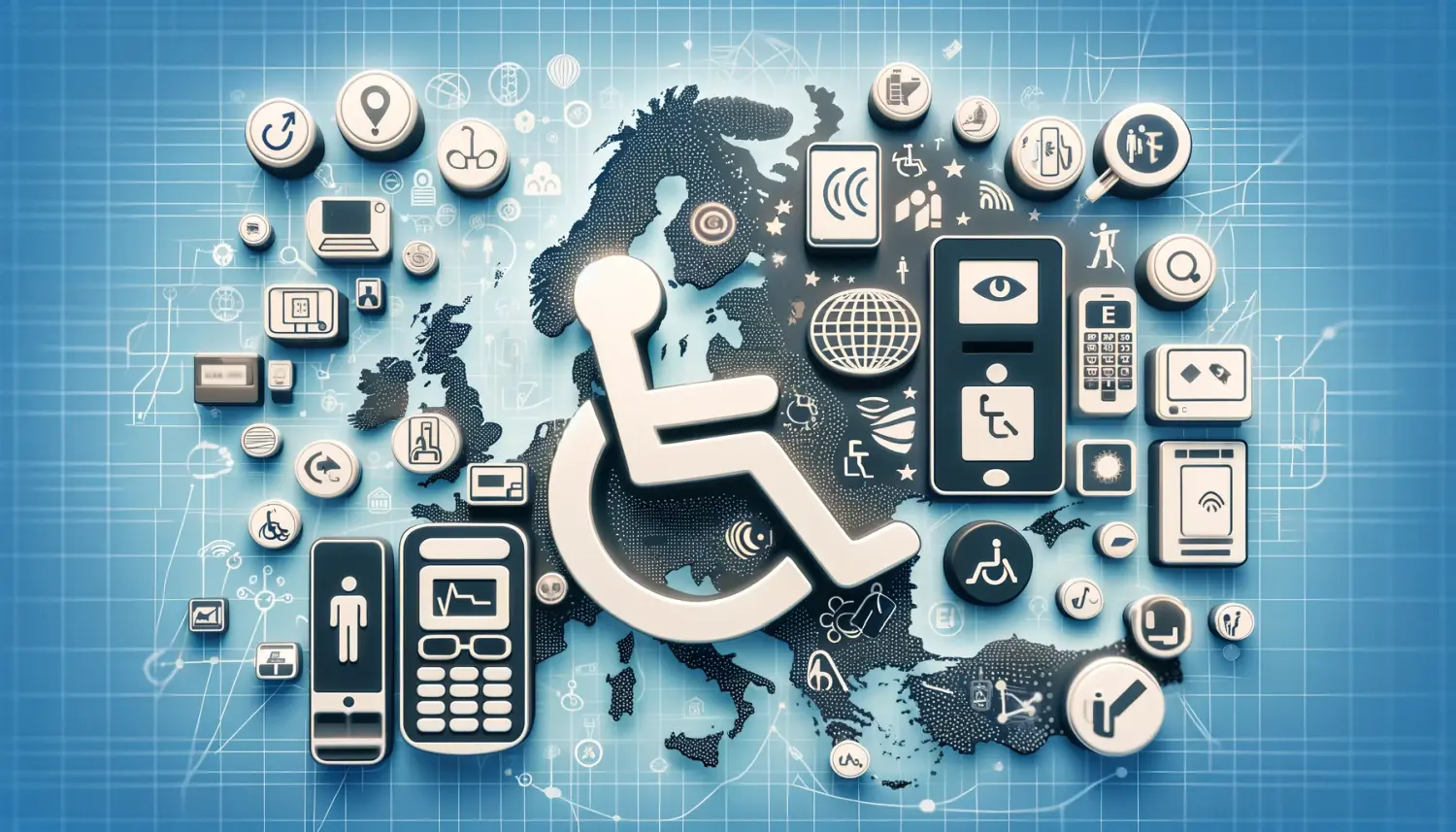 Obraz wyróżniający, reprezentujący Europejski Akt o Dostępności, został wygenerowany. Zawiera on różnorodne symbole dostępności oraz przedstawia technologie dostępne dla osób z różnymi potrzebami, zintegrowane z mapą Europy.