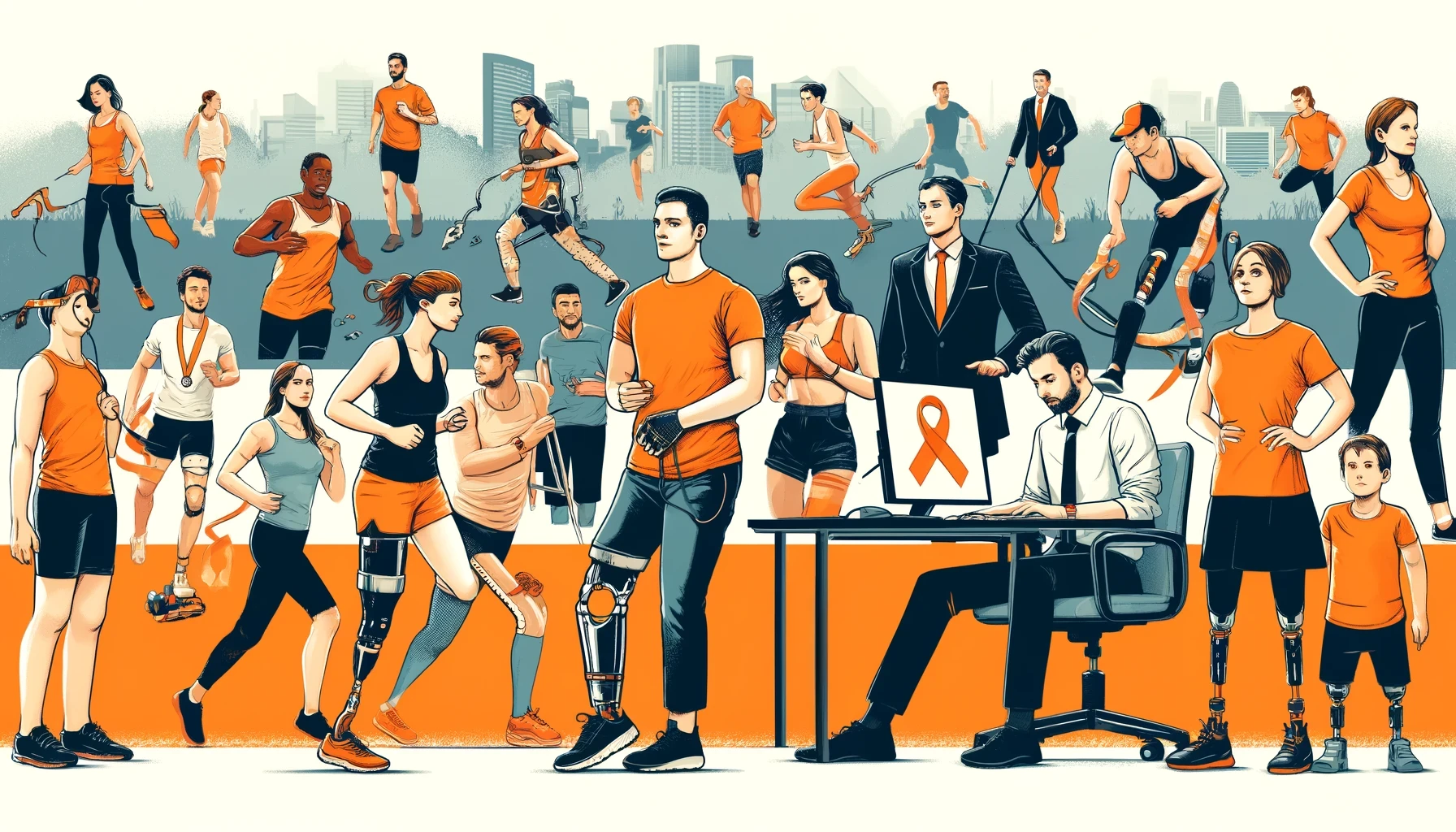 GPT Ilustracja przedstawia grupę różnorodnych osób, w tym mężczyzn i kobiet o różnym pochodzeniu etnicznym, z których niektórzy mają widoczne protezy kończyn. Postacie są ubrane w strój sportowy i biznesowy, angażując się w różne aktywności takie jak chodzenie, bieganie i praca w biurze. W tle widoczny jest miejski park. Dominujące kolory to odcienie pomarańczy, symbolizujące solidarność, a na projekcie wyraźnie widnieje pomarańczowa wstążka.