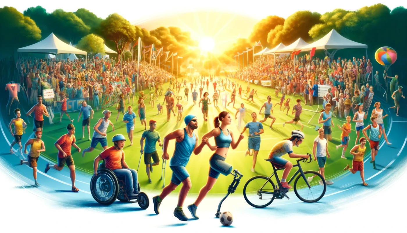 Obraz przedstawia dynamiczną i pełną życia scenę z okazji Światowego Dnia Sportu, ilustrując różnorodne aktywności sportowe takie jak bieganie, jazda na rowerze i piłka nożna. Na obrazie widoczna jest grupa sportowców, wśród których znajdują się osoby z niepełnosprawnościami: biegacz z protezą nogi, niewidomy cyklista na rowerze tandemowym z przewodnikiem oraz gracz koszykówki na wózku inwalidzkim. Tło obrazu ukazuje słoneczny dzień w bujnie zielonym parku, pełnym osób dopingujących i uczestniczących w wydarzeniu. Atmosfera jest podnosząca na duchu i inkluzjywna, podkreślając radość i jedność, jaką sport przynosi wszystkim, niezależnie od zdolności fizycznych. Kompozycja jest horyzontalna, aby uchwycić szeroki zakres aktywności i tętniącą energię wydarzenia.
